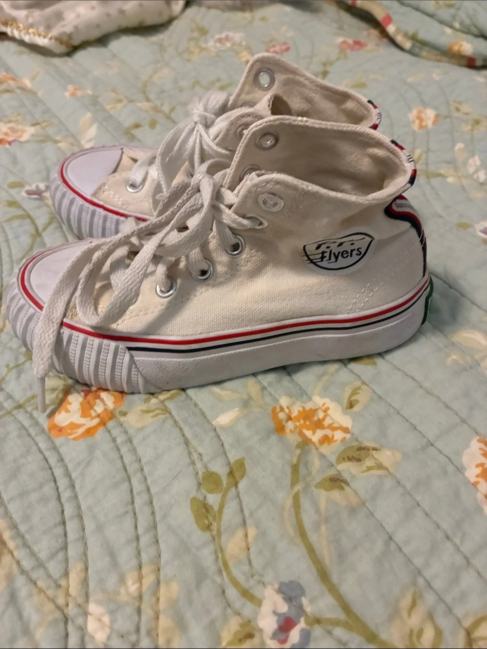 P.F. Flyers Kids High-Top Canvas Sneakers in Off-White with Red Trim